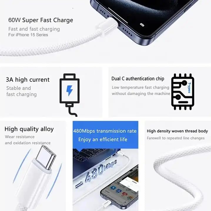 Câble de charge rapide en nylon tressé USB-C vers USB-C (60 W) Câble de charge rapide en nylon tressé USB-C vers USB-C (60 W)